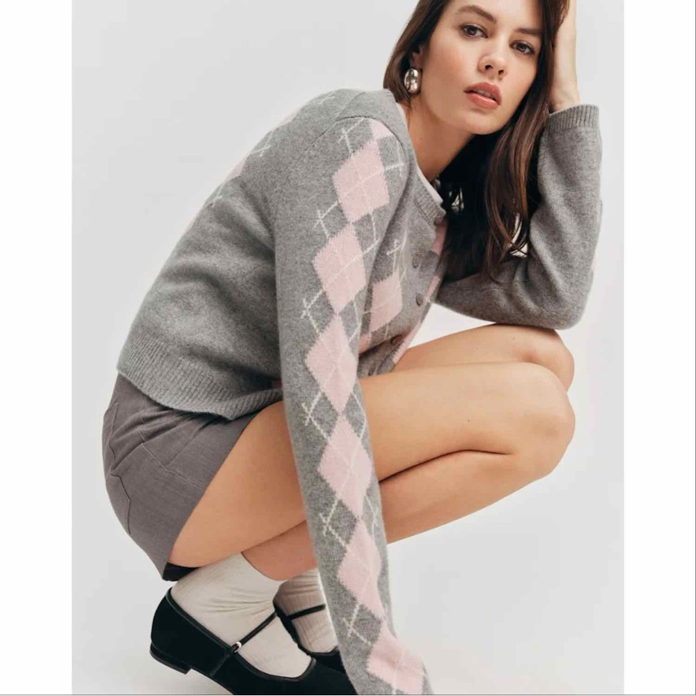 Reformation Cashmere Gray Crewneck Sweater with Pink Argyle Sleeves